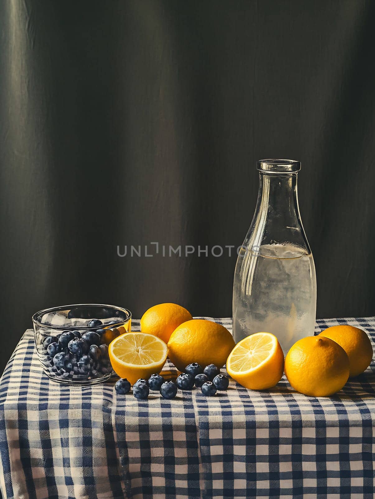 A glass bottle filled with lemonade sits on a checkered cloth, surrounded by fresh lemons and blueberries, creating a refreshing setting.