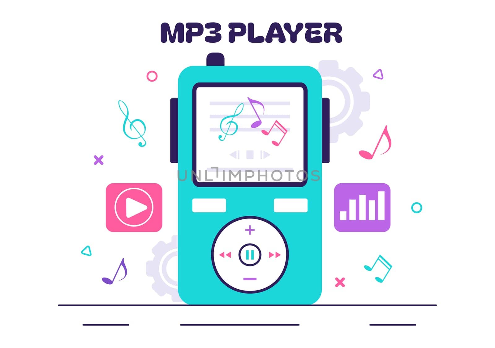 MP3 Player Vector Illustration featuring Musical Notations, Headphones, Headset, and Mobile App Devices for Music Listening on a Flat Background