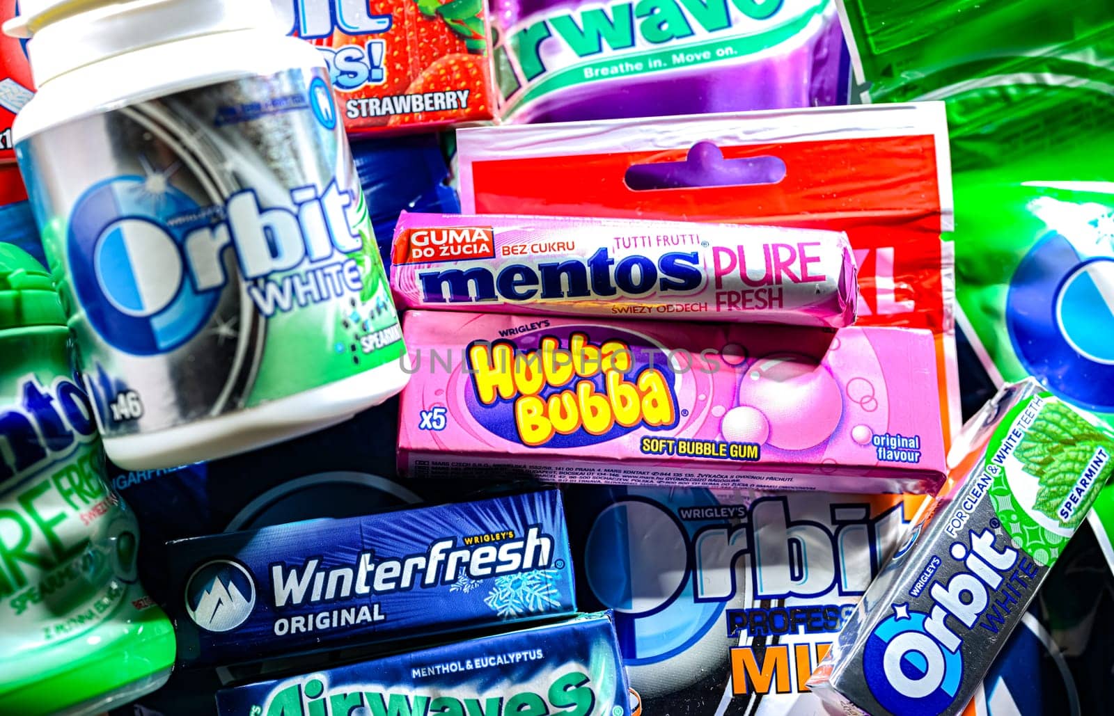 POZNAN, POL - NOV 20, 2024: Variety of popular brands of chewing gums