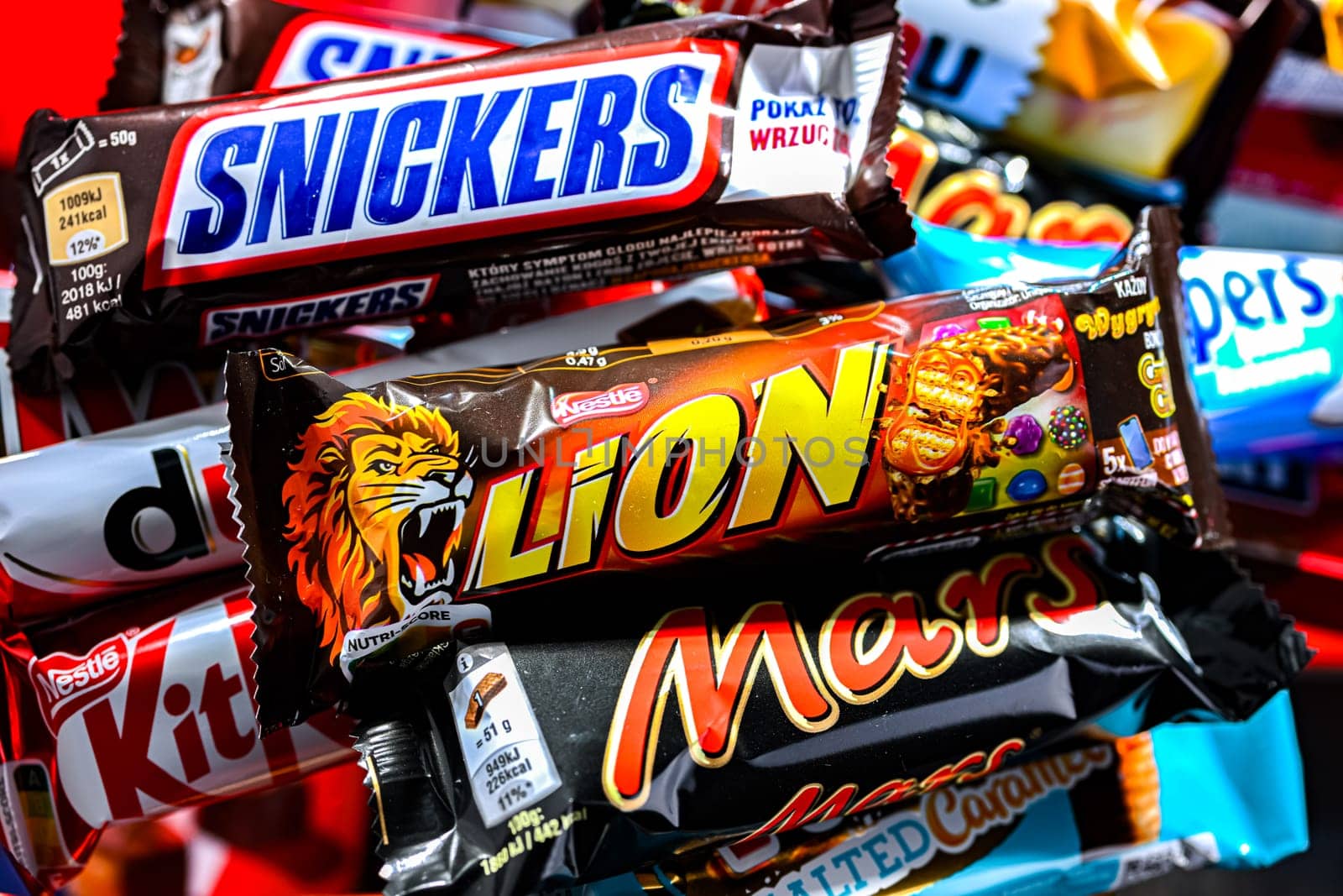 POZNAN, POL - NOV 20, 2024: Variety of popular brands of confectionery products