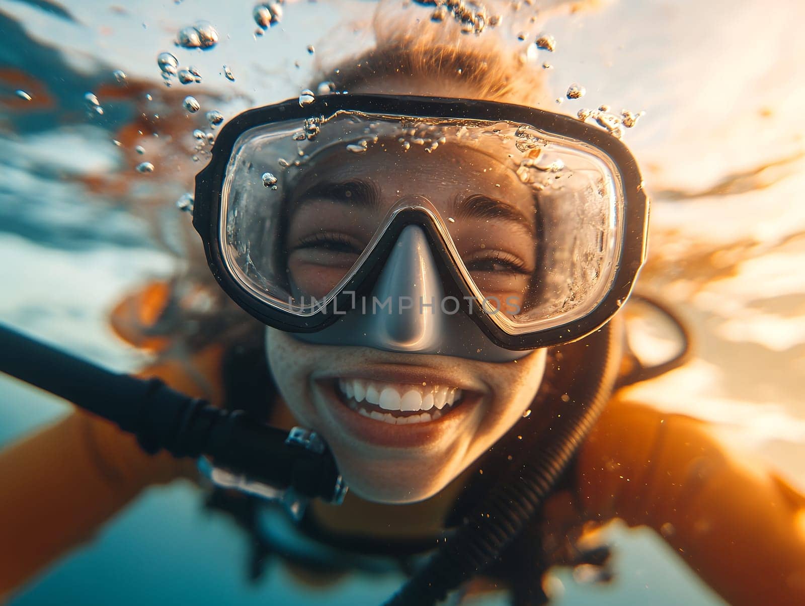 A smiling scuba diver underwater, wearing gear, surrounded by bubbles and illuminated by sunlight filtering through the water.