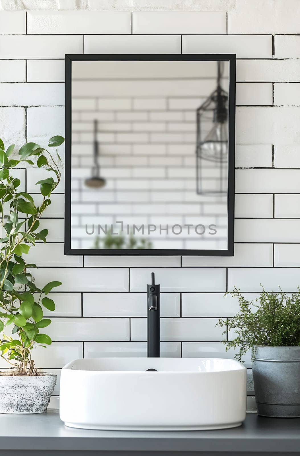 A stylish bathroom features a sleek sink, a large mirror reflecting the space, and potted plants adding a touch of greenery.