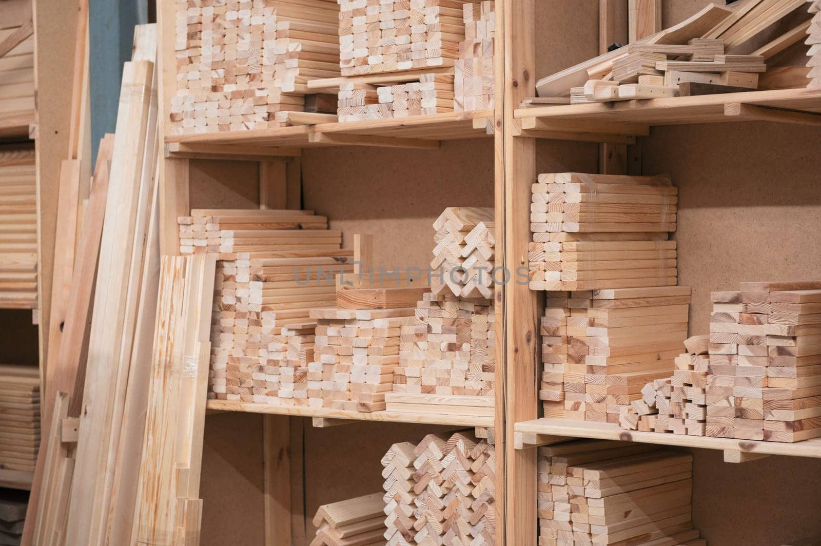 Furniture factory workshop with different wood items.