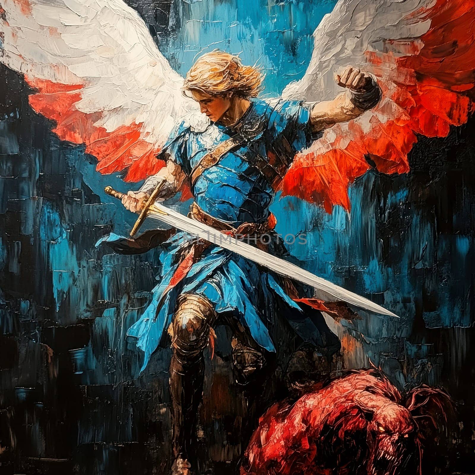 Archangel Michael in blue and red colors, with a sword drawn over a demon lying on a black background. AI generative.