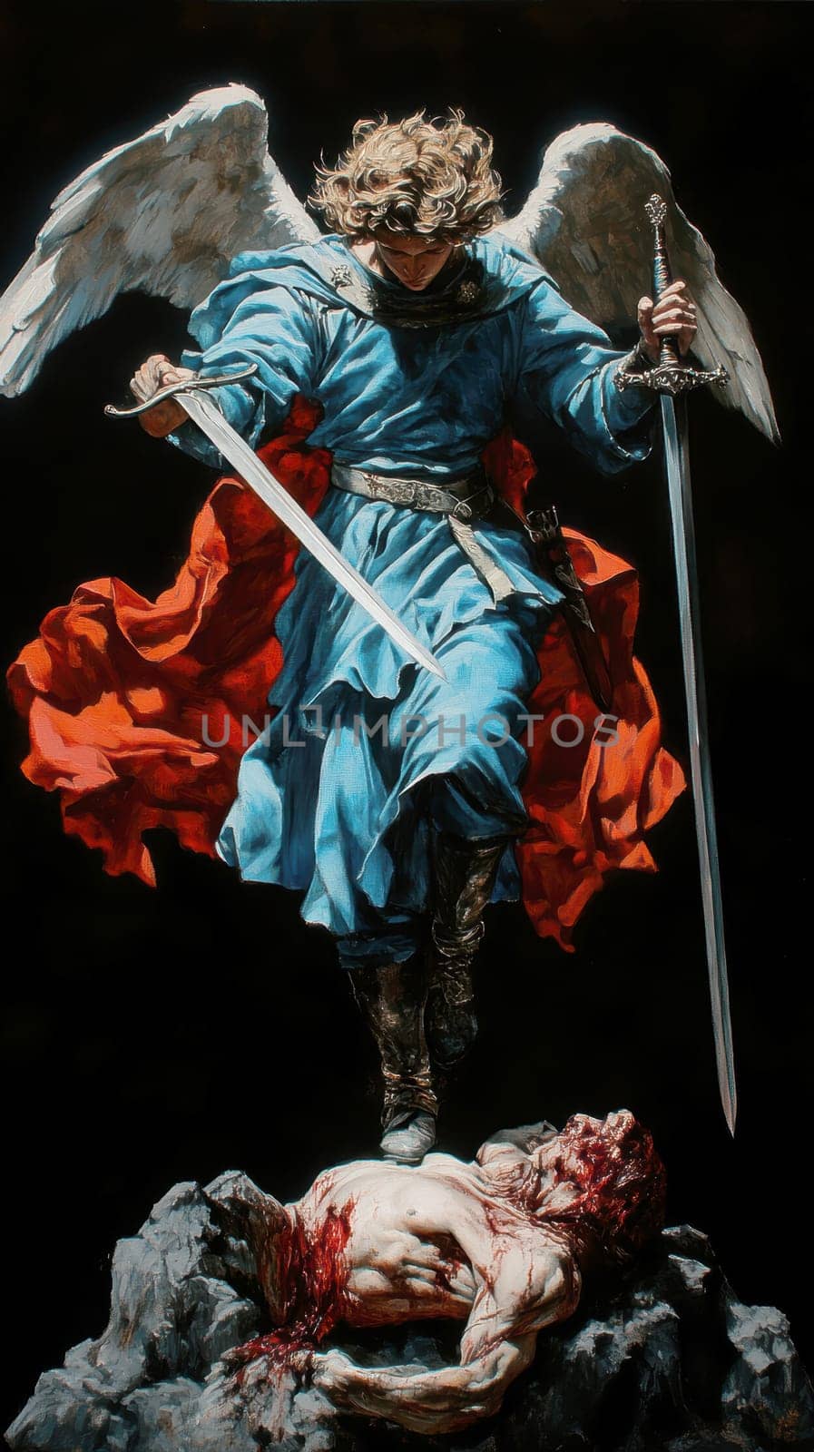 Archangel Michael in blue and red colors, with a sword drawn over a demon lying on a black background. AI generative.