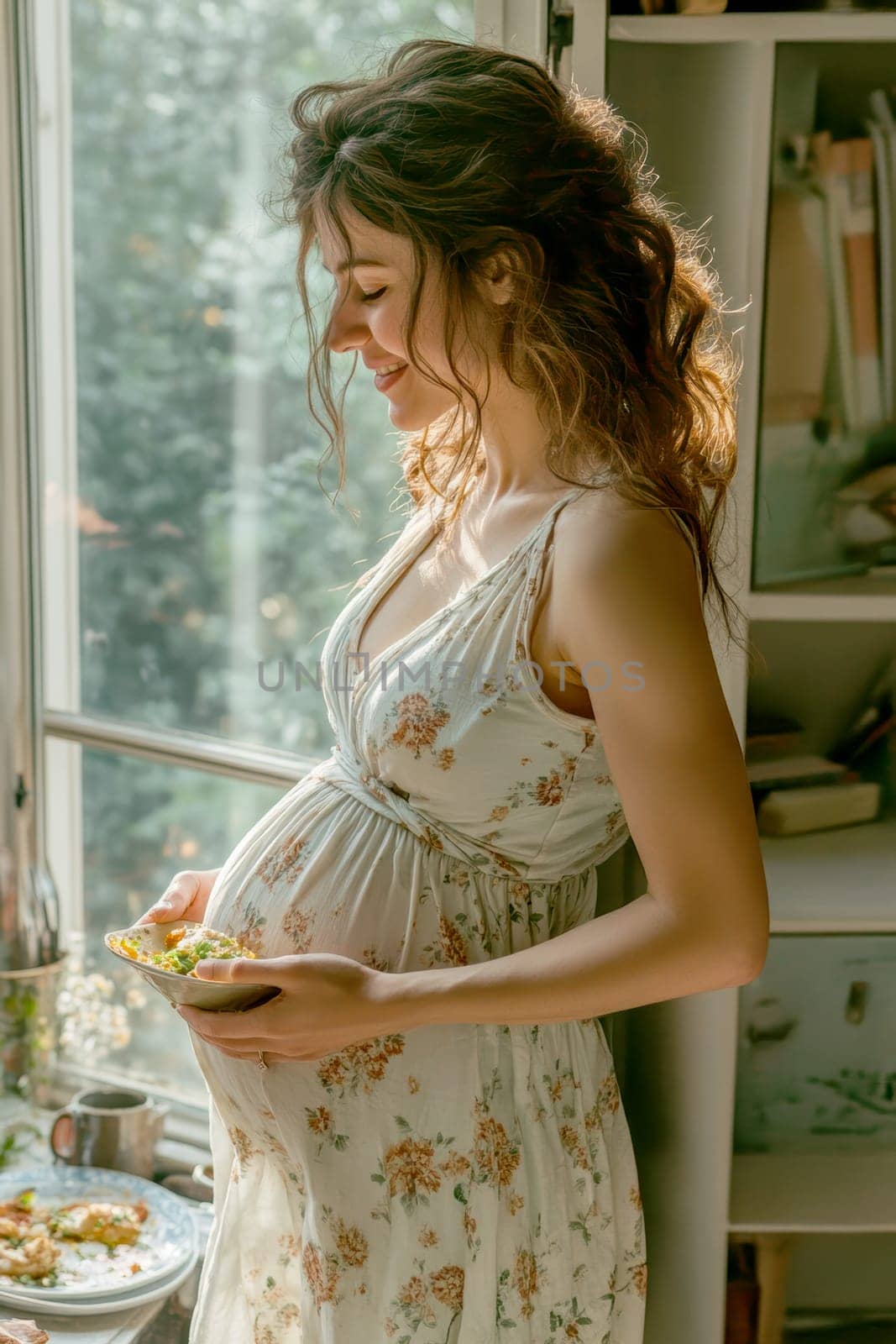 Pregnant woman eating a meal. AI generative.