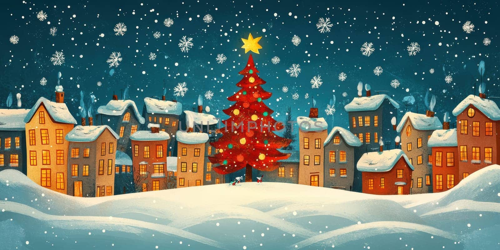 city on New Year's Eve, Christmas tree in the middle AI generative.