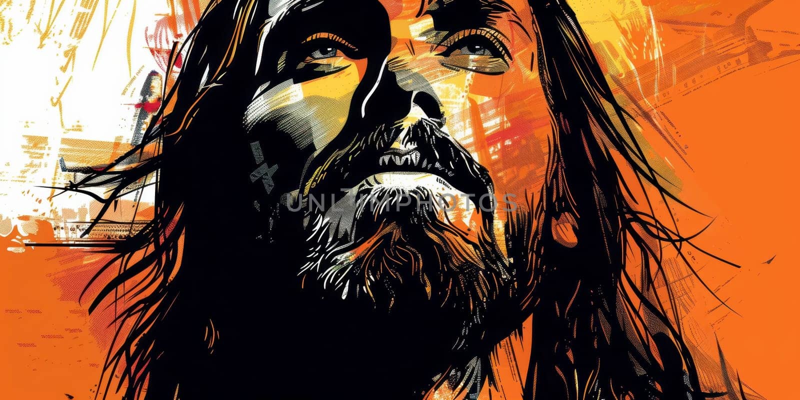 A poster with an image of Jesus, printed in a simplified vector art style, AI generative.