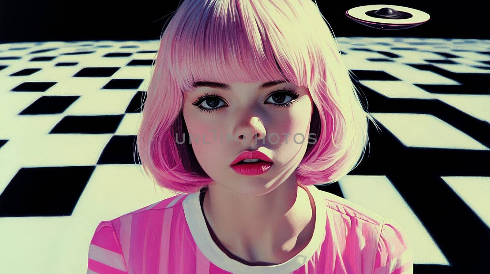 Woman with light hair dressed in 70s style , UFO visible in the background. AI generative.