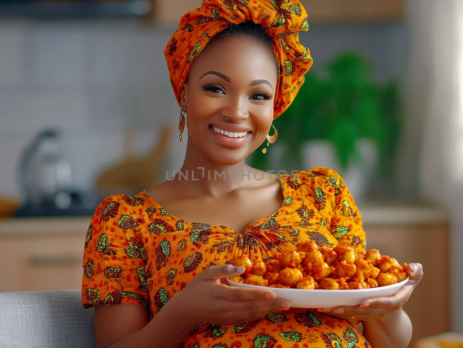 Pregnant woman eating a meal. AI generative.