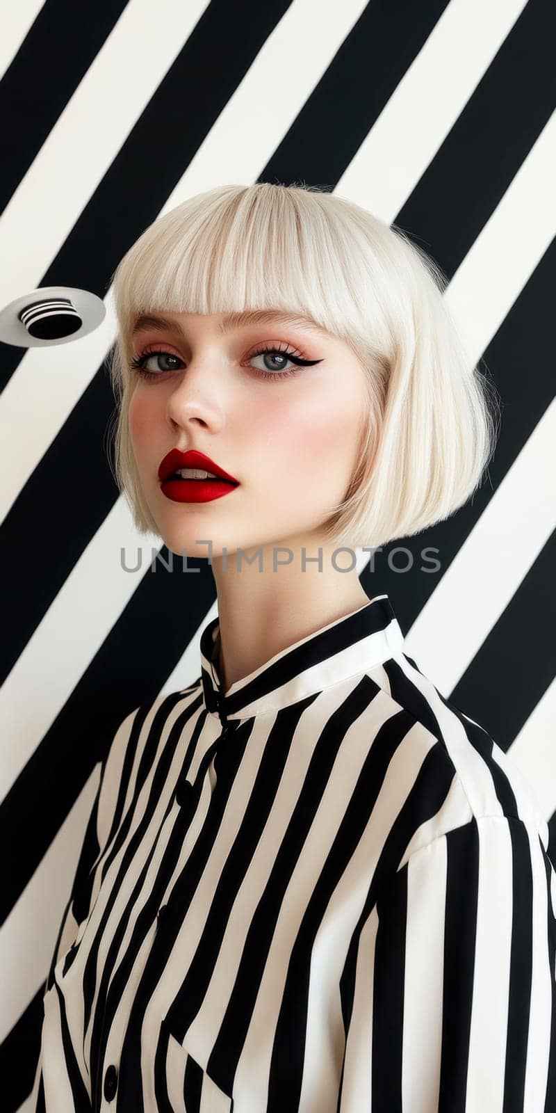 Woman with light hair dressed in 70s style , UFO visible in the background. AI generative.