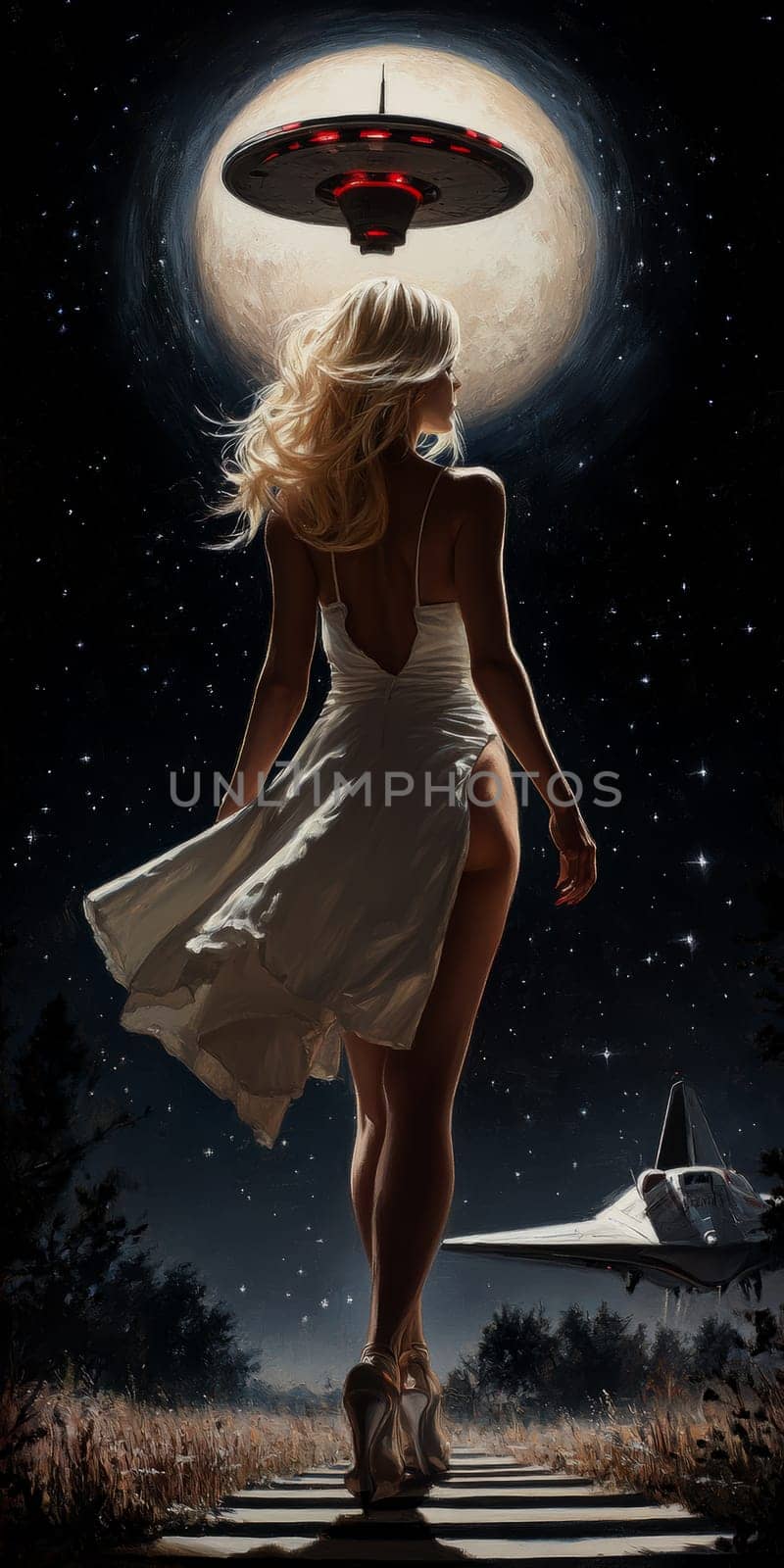 Woman with light hair dressed in 70s style , UFO visible in the background. AI generative.