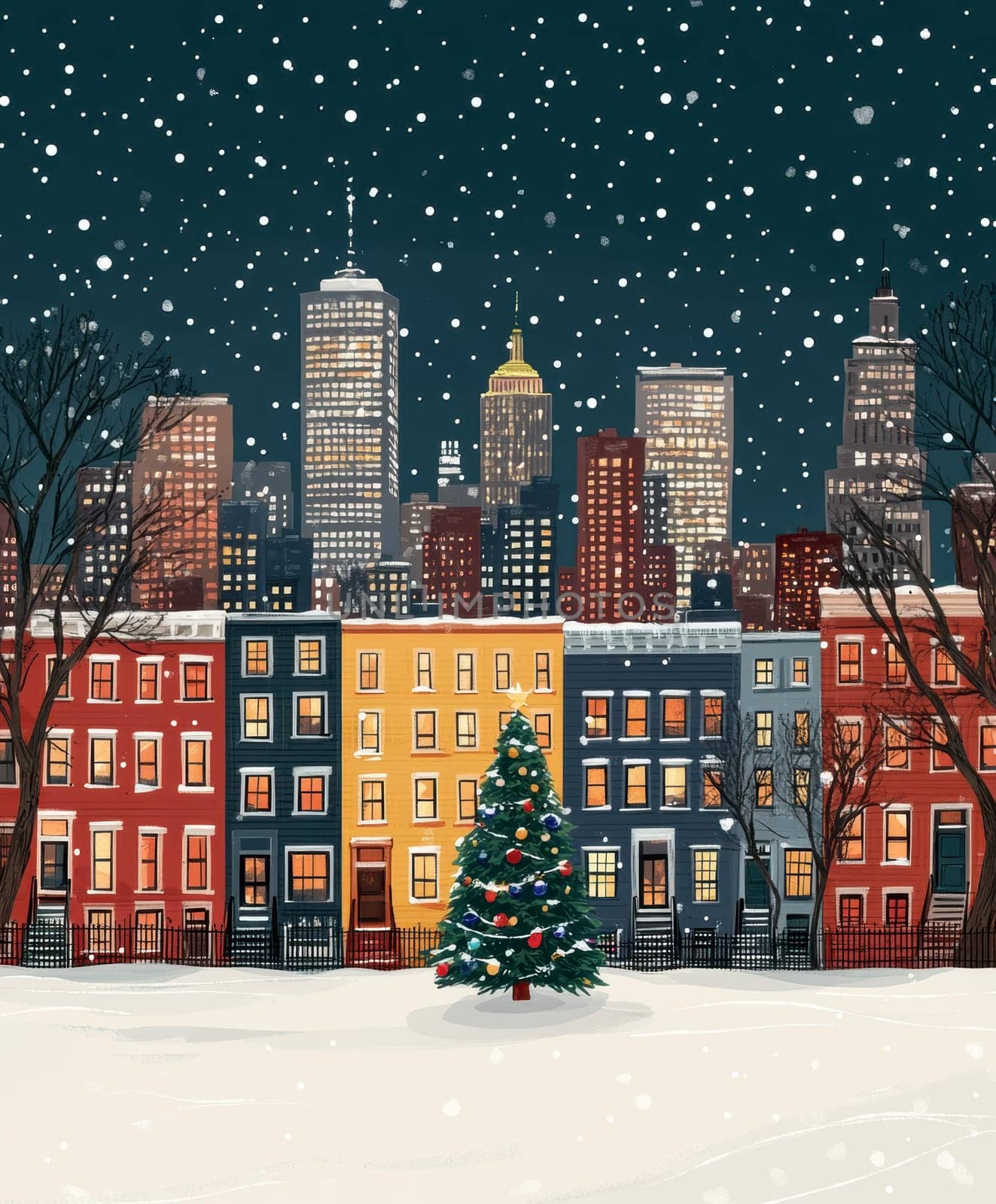 city on New Year's Eve, Christmas tree in the middle AI generative.