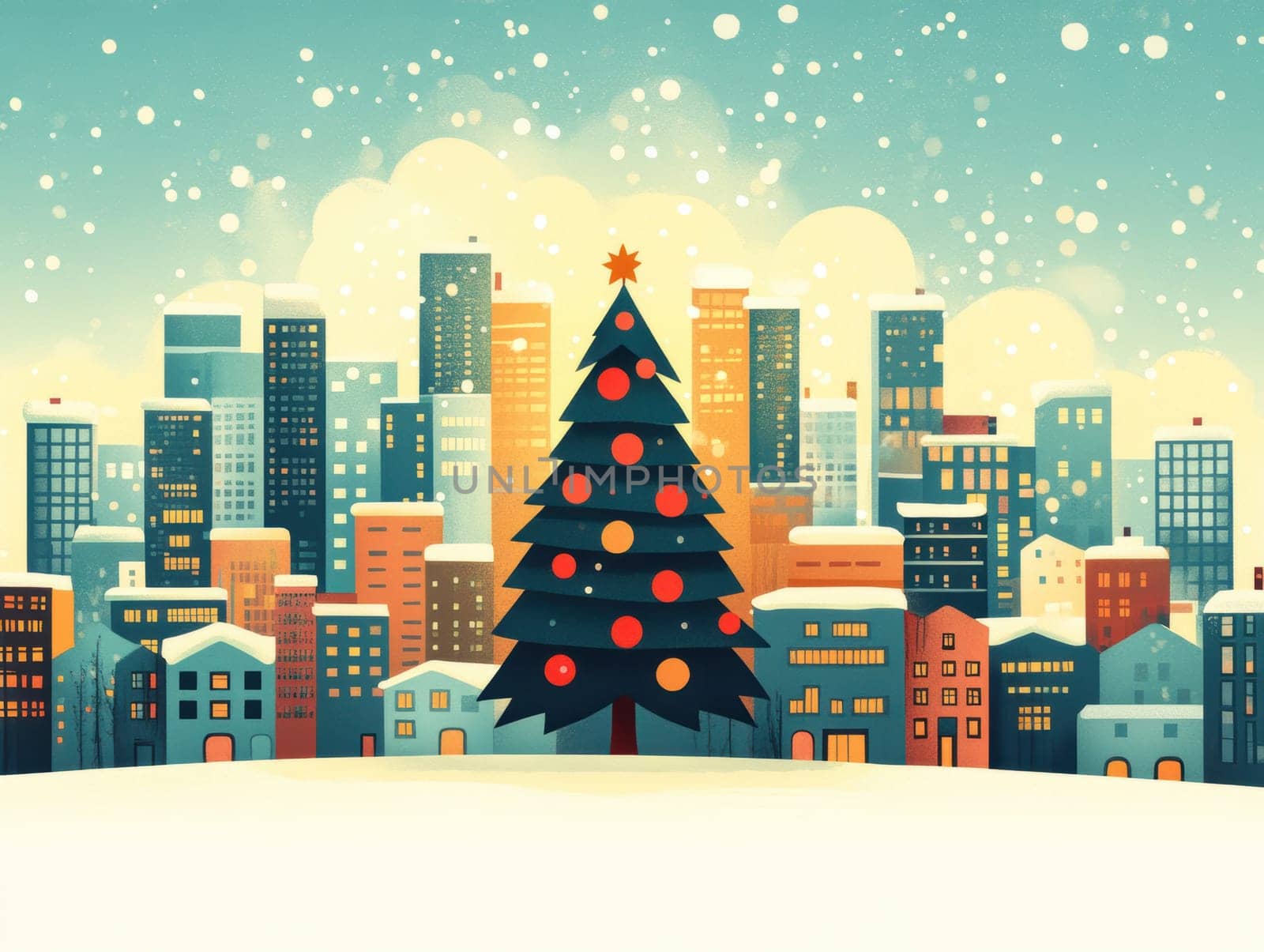 city on New Year's Eve, Christmas tree in the middle AI generative.