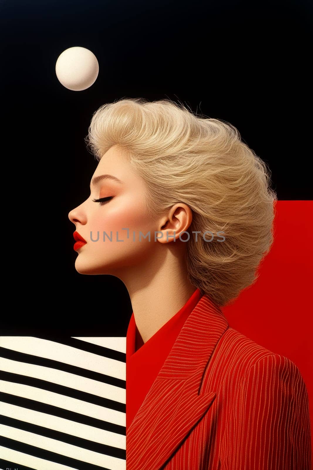 Woman with light hair dressed in 70s style , UFO visible in the background. AI generative.