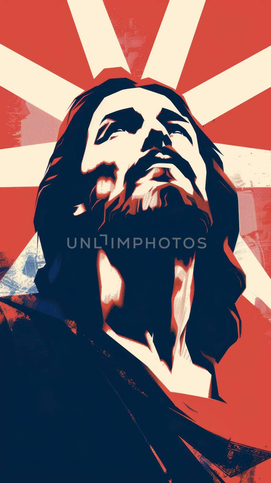 A poster with an image of Jesus, printed in a simplified vector art style, AI generative.