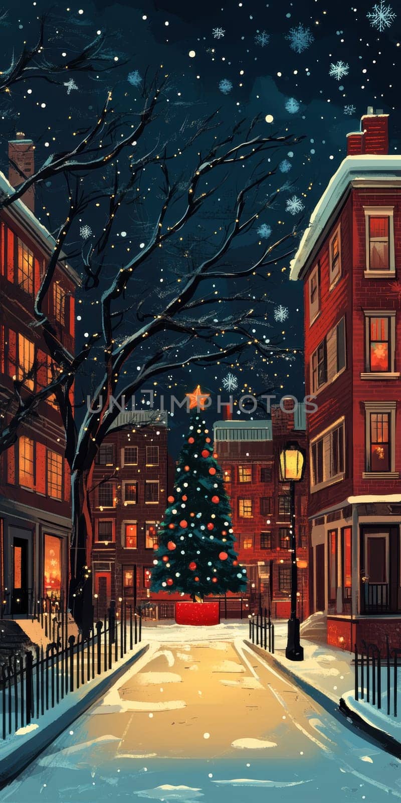 city on New Year's Eve, Christmas tree in the middle AI generative.