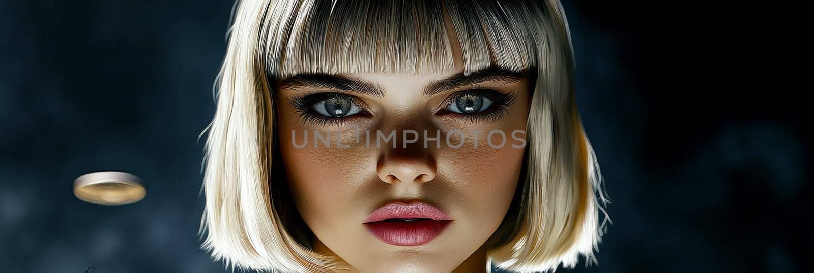 Woman with light hair dressed in 70s style , UFO visible in the background. AI generative.