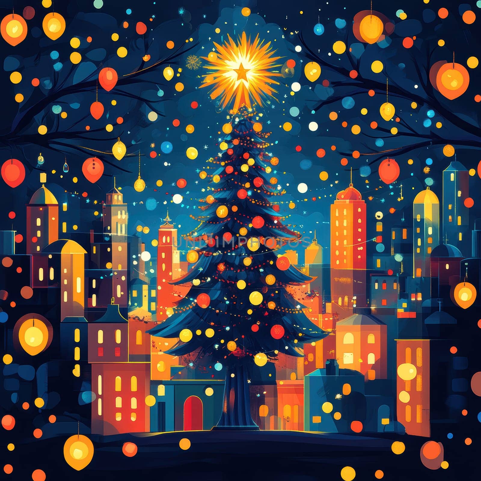 city on New Year's Eve, Christmas tree in the middle AI generative.