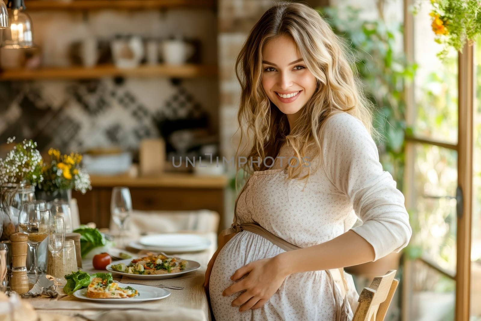 Pregnant woman eating a meal. AI generative.