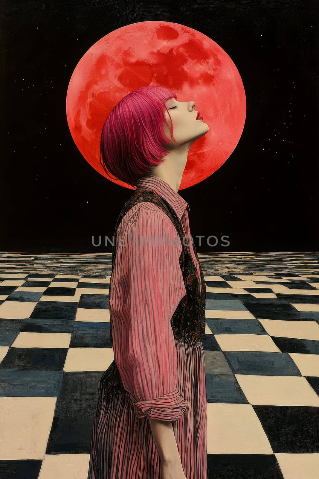 Woman with light hair dressed in 70s style , UFO visible in the background. AI generative.