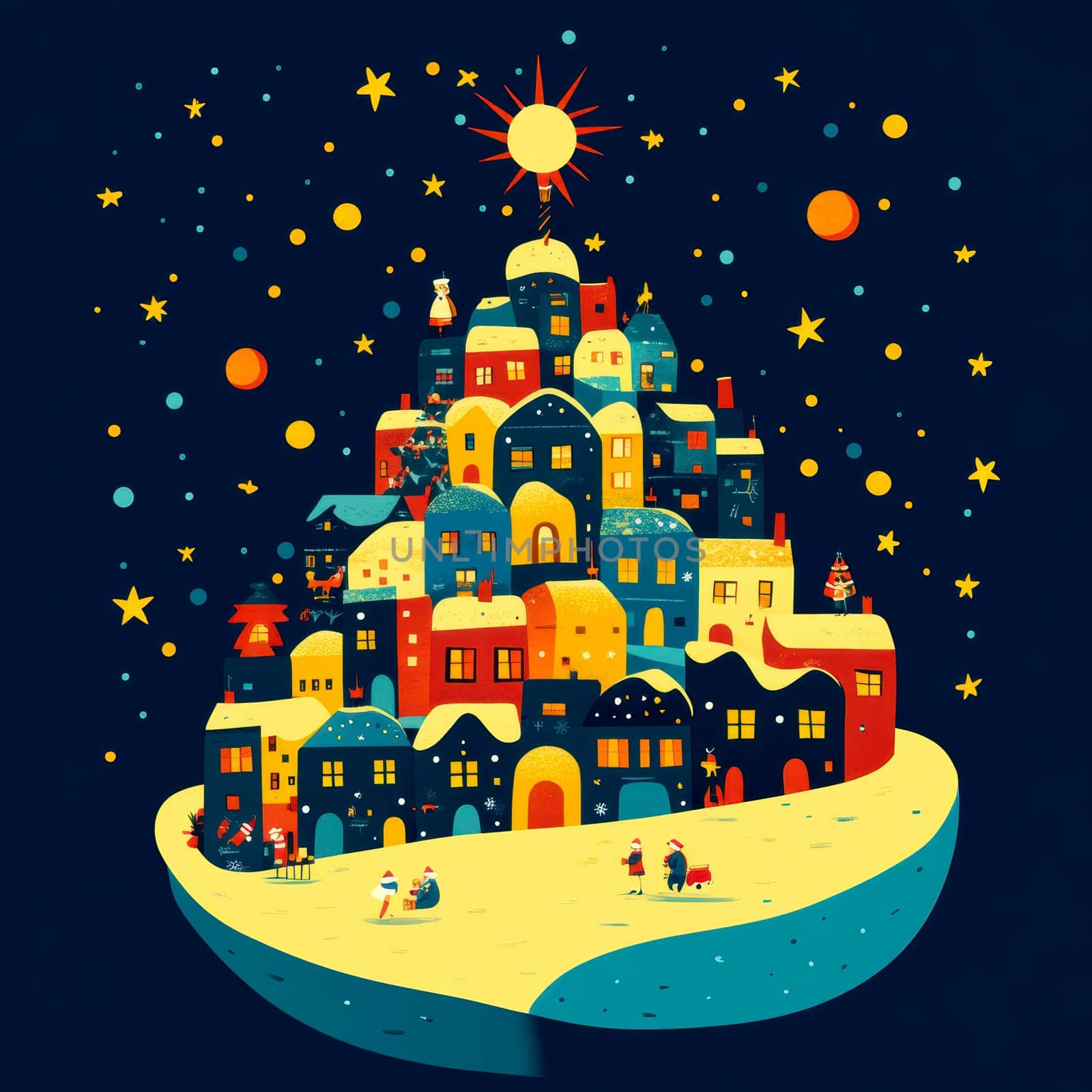 city on New Year's Eve, Christmas tree in the middle AI generative.