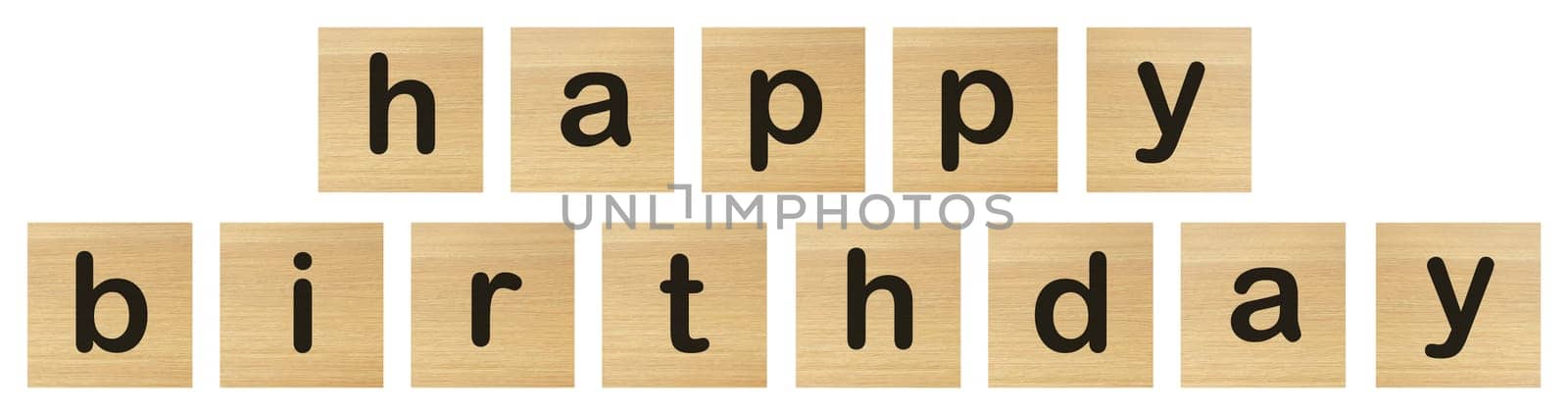 happy birthday words with wood blocks on white