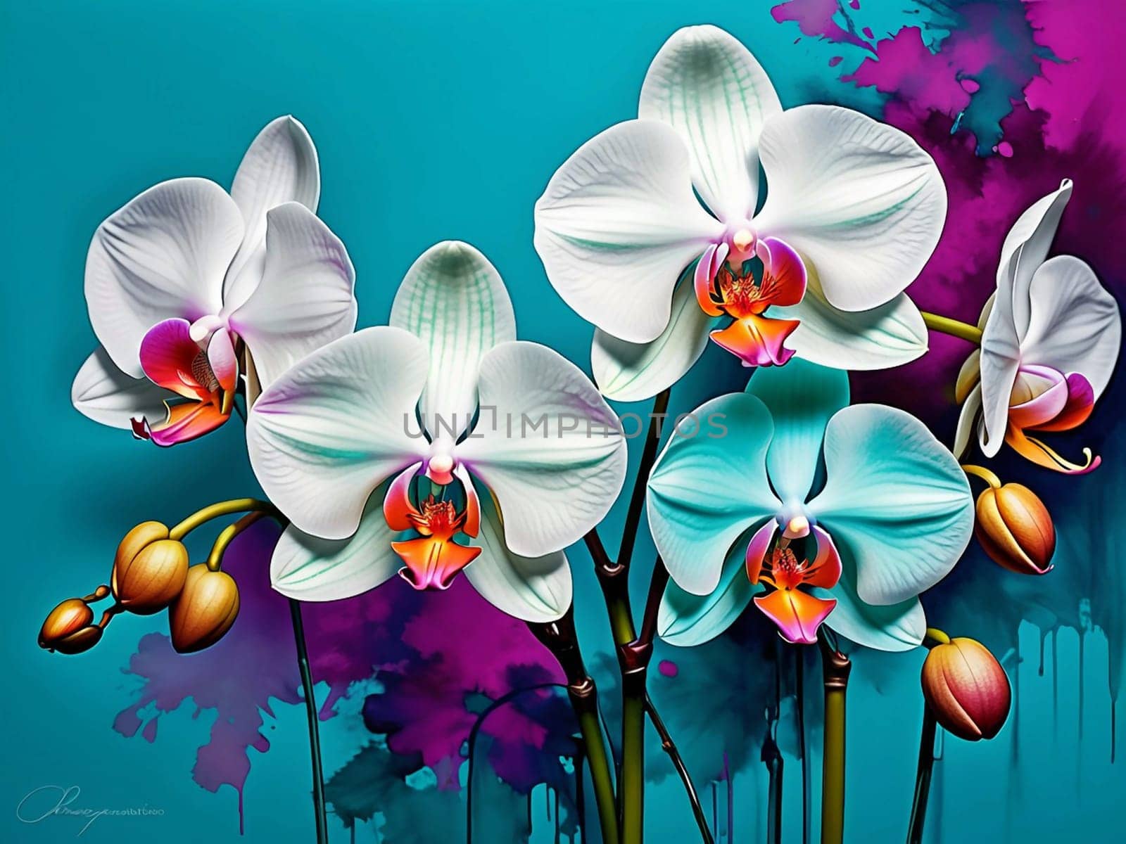 Artistic rendering of white and teal orchids against a vibrant turquoise backdrop with purple and magenta watercolor splatters. AI-generated photo.