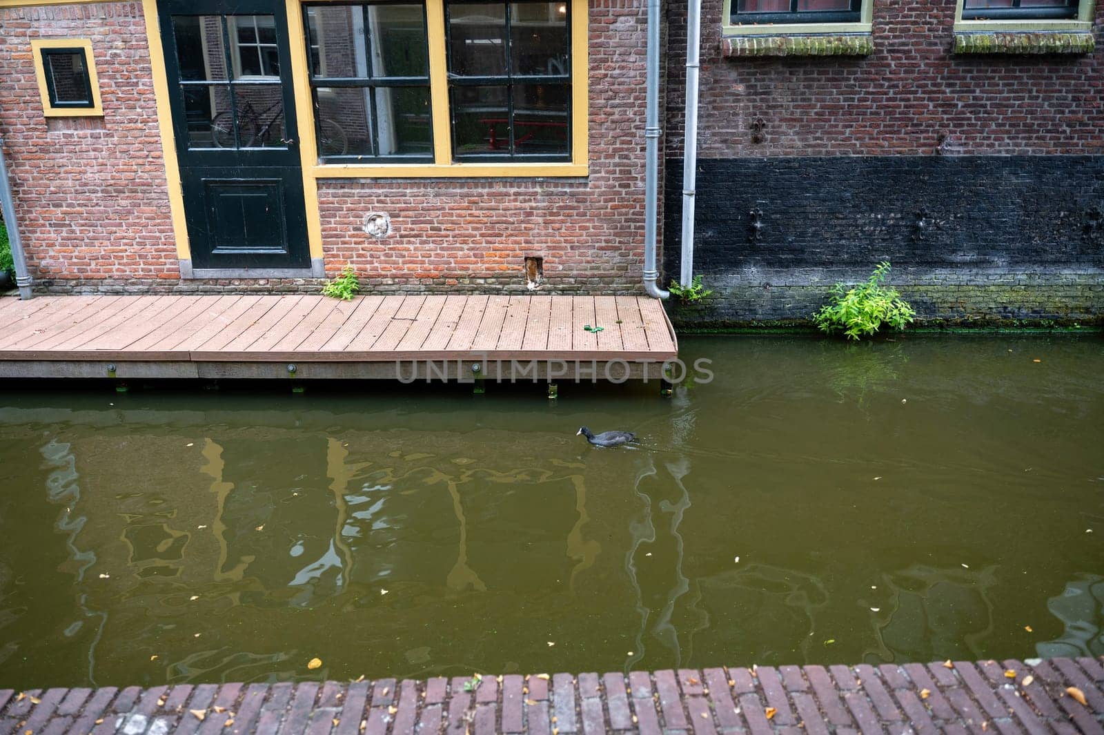 House facades on a water canal in the old town of Alkmaar in the Netherlands