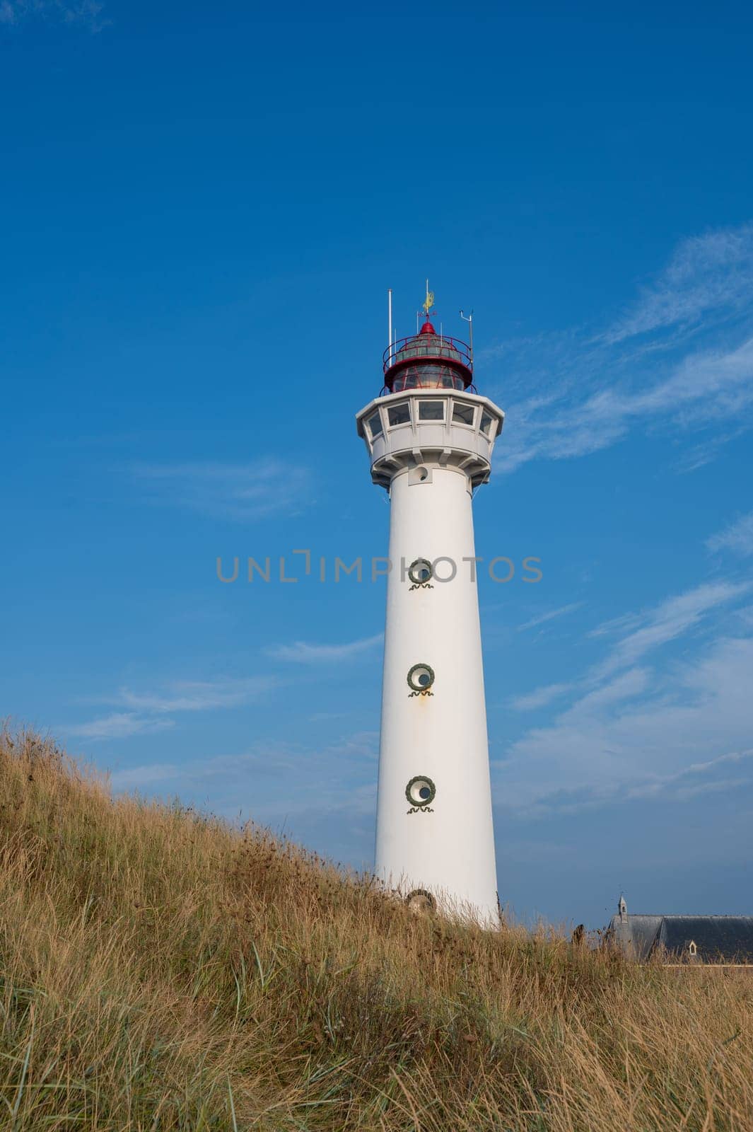 The approx. 28 m high white lighthouse J.C.J. van Speijk in Egmond aan Zee, North Holland, Netherlands, in the sand dunes with beach grass