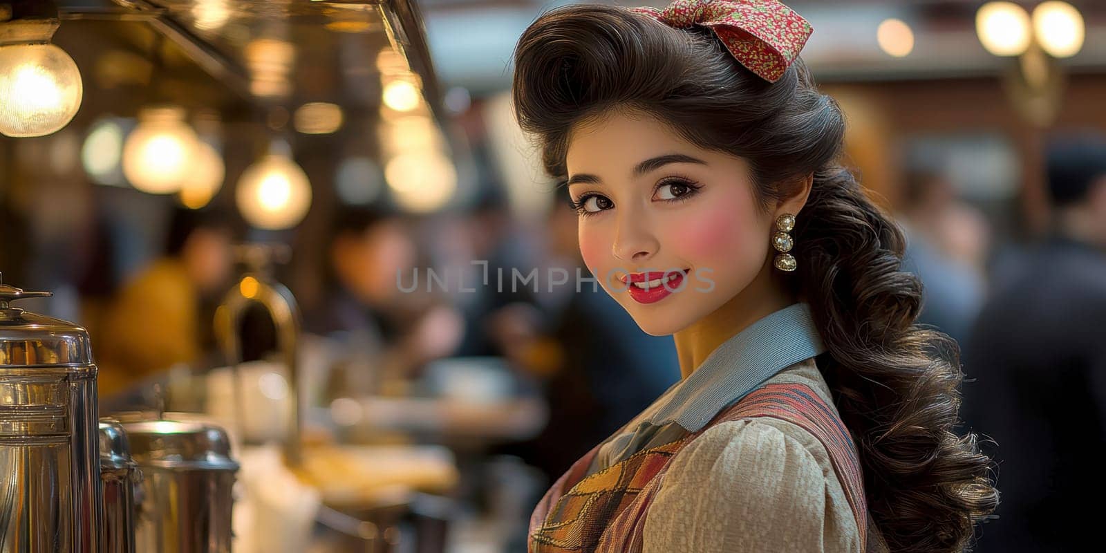 A beautiful woman sits at the counter of an American restaurant. Stylized from1940s - 1950s. AI generative.