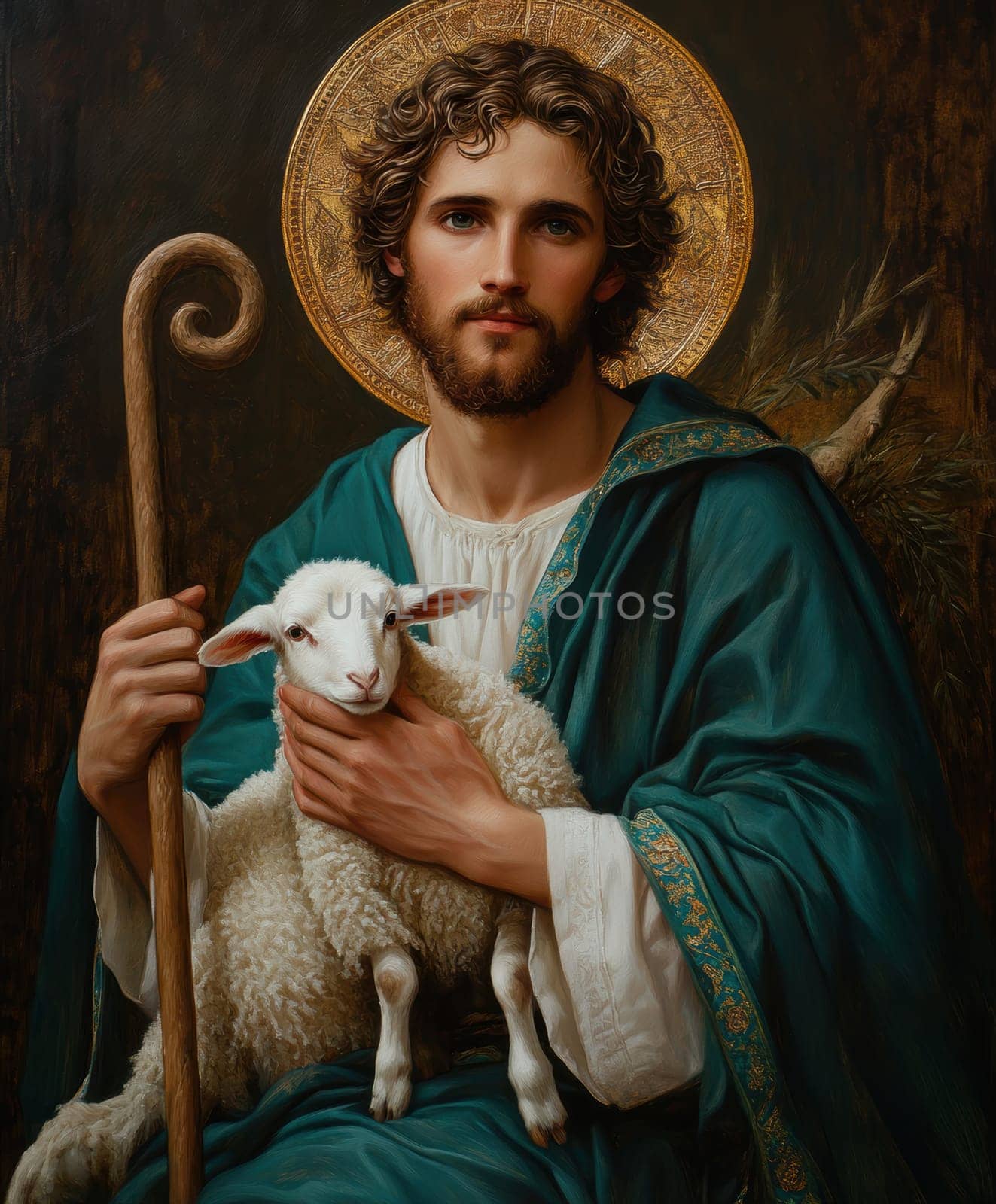 Saint John the Baptist, holding a shepherd's staff and holding a white lamb on one shoulder. AI generative.