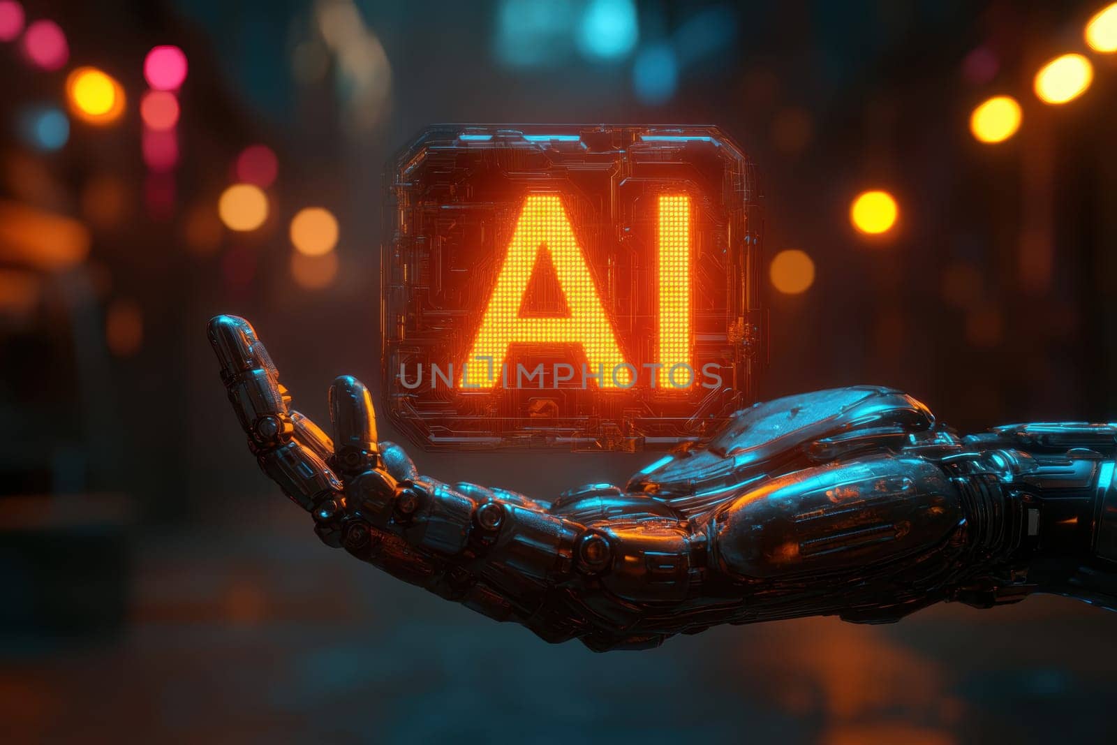 robot hand gently holding an 'AI' logo in its palm. AI generative.