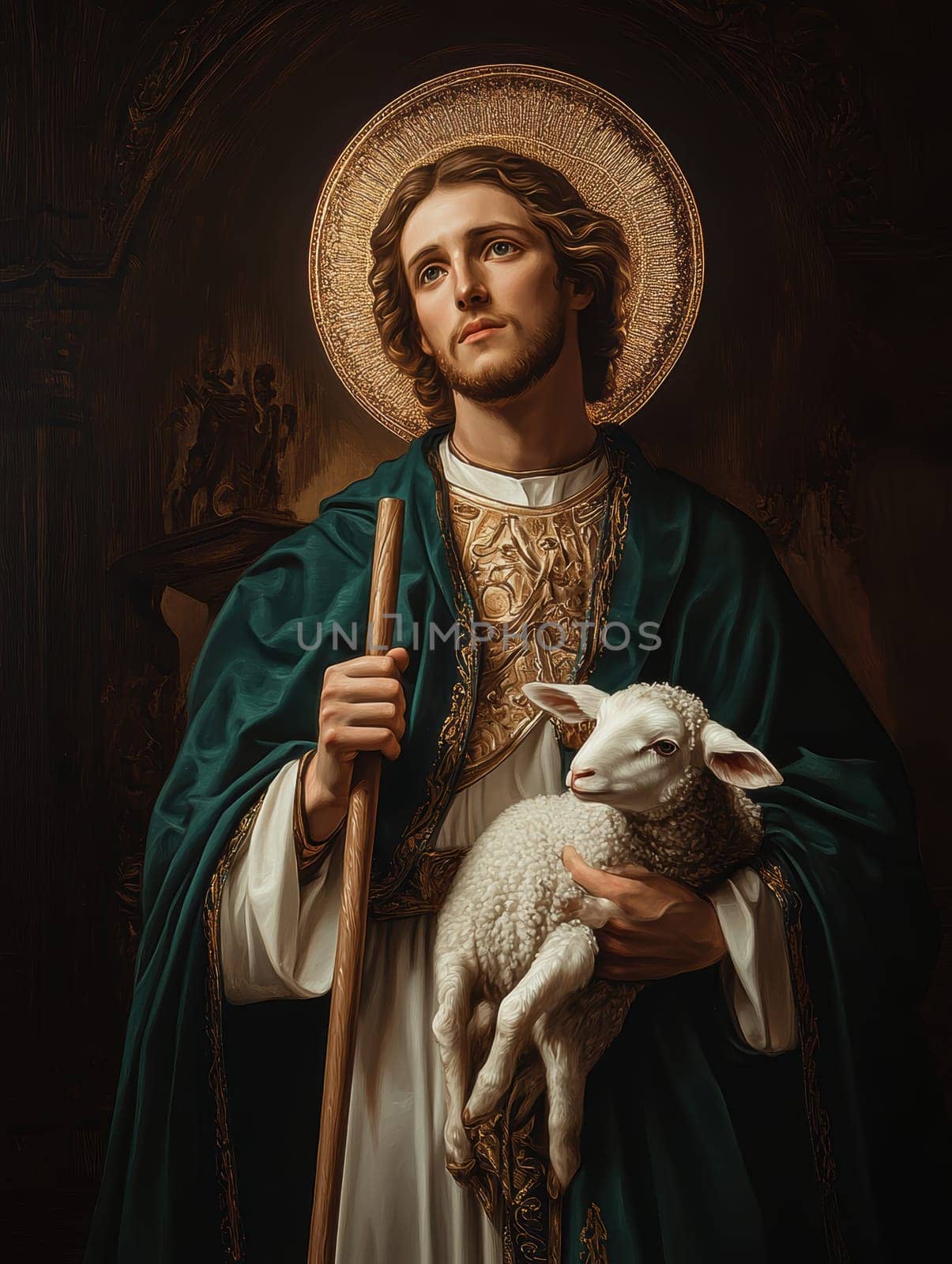 Saint John the Baptist, holding a shepherd's staff and holding a white lamb on one shoulder. AI generative.