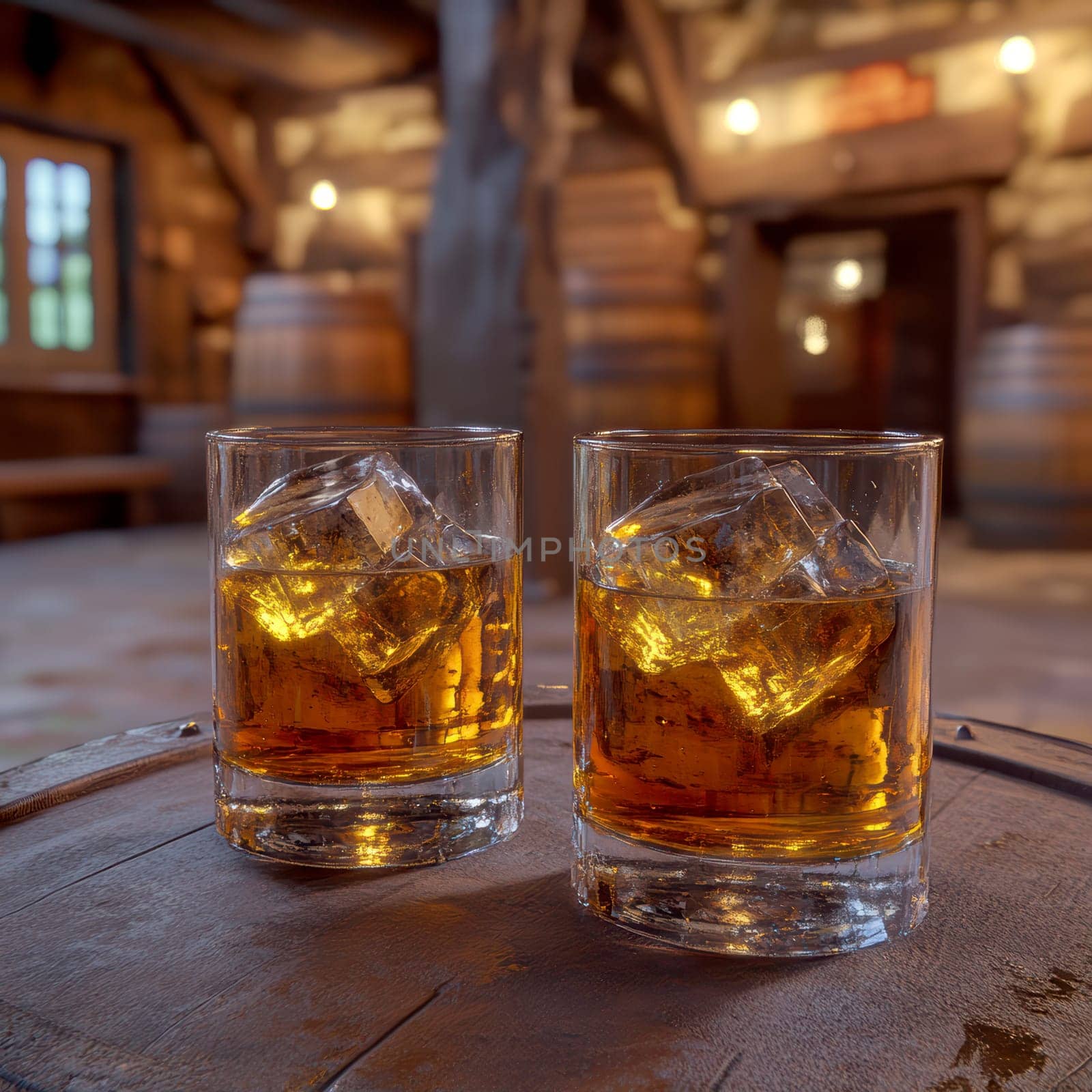 Two elegant, crystal-clear glasses of whiskey with ice cubes. AI generative.