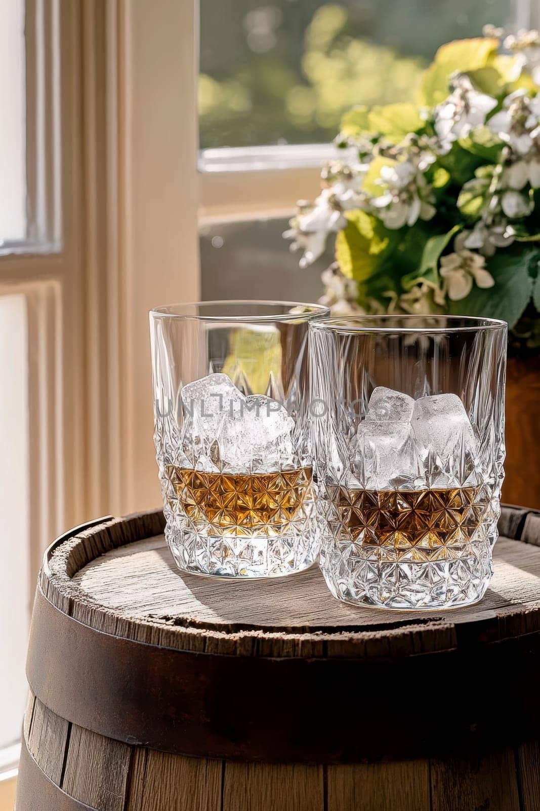 Two elegant, crystal-clear glasses of whiskey with ice cubes. AI generative.