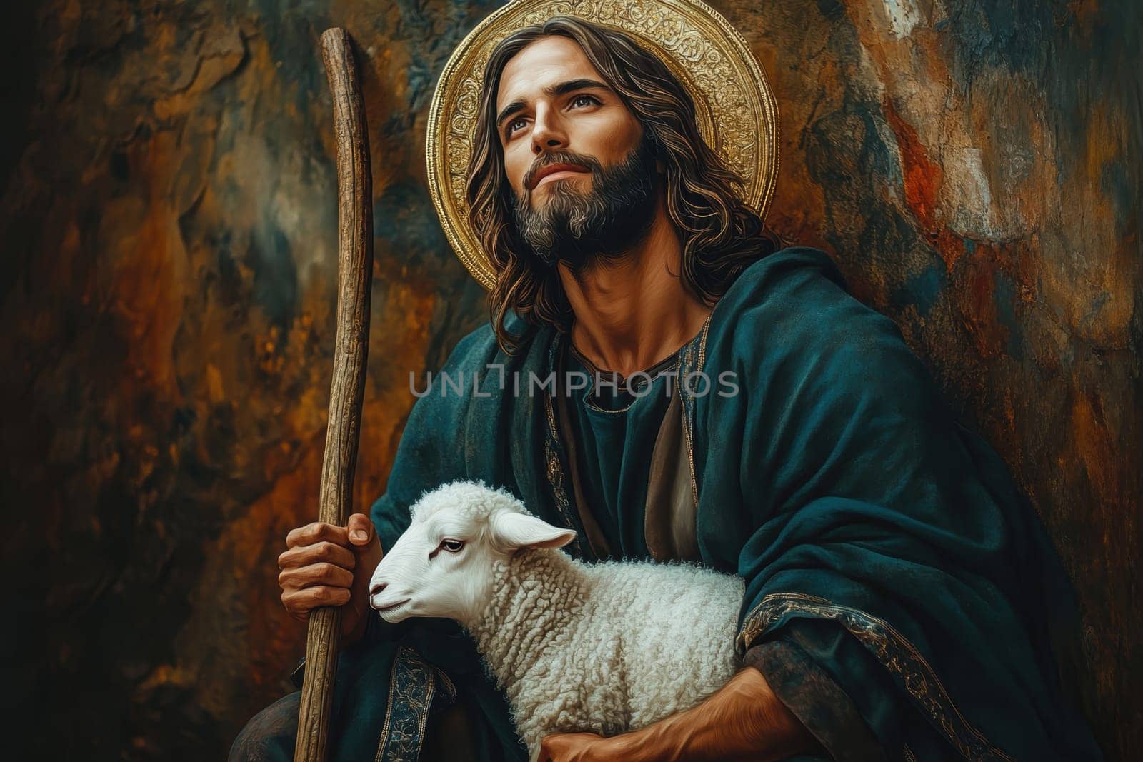 Saint John the Baptist, holding a shepherd's staff and holding a white lamb on one shoulder. AI generative.