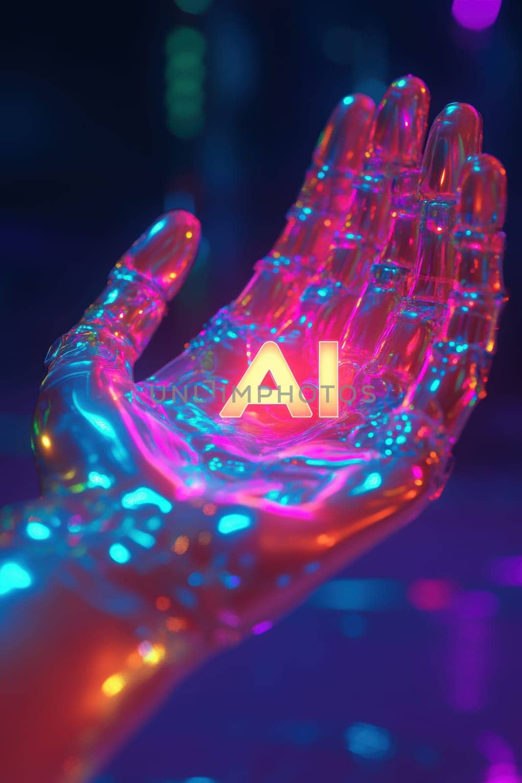 robot hand gently holding an 'AI' logo in its palm. AI generative.