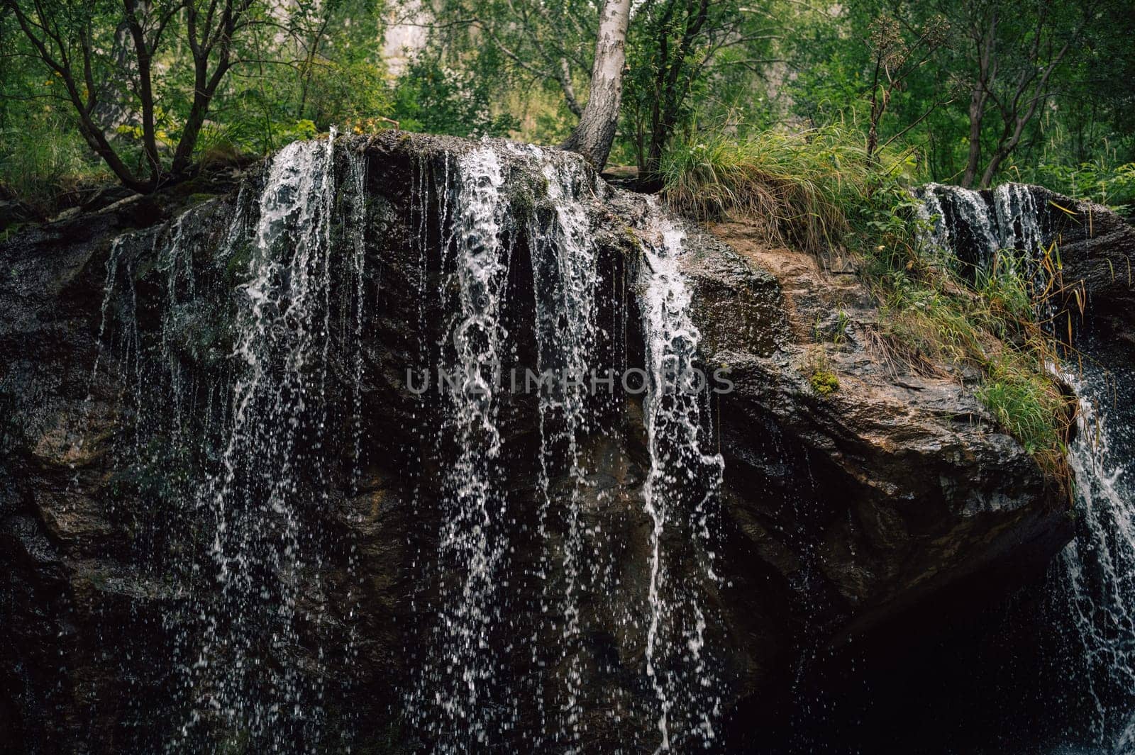 Close-up of a small waterfall flowing over a rocky cliff surrounded by lush greenery