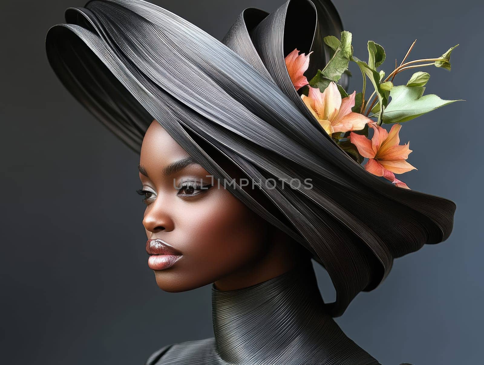 Portrait of a woman in avant-garde dress and integrated flowers, AI generative.