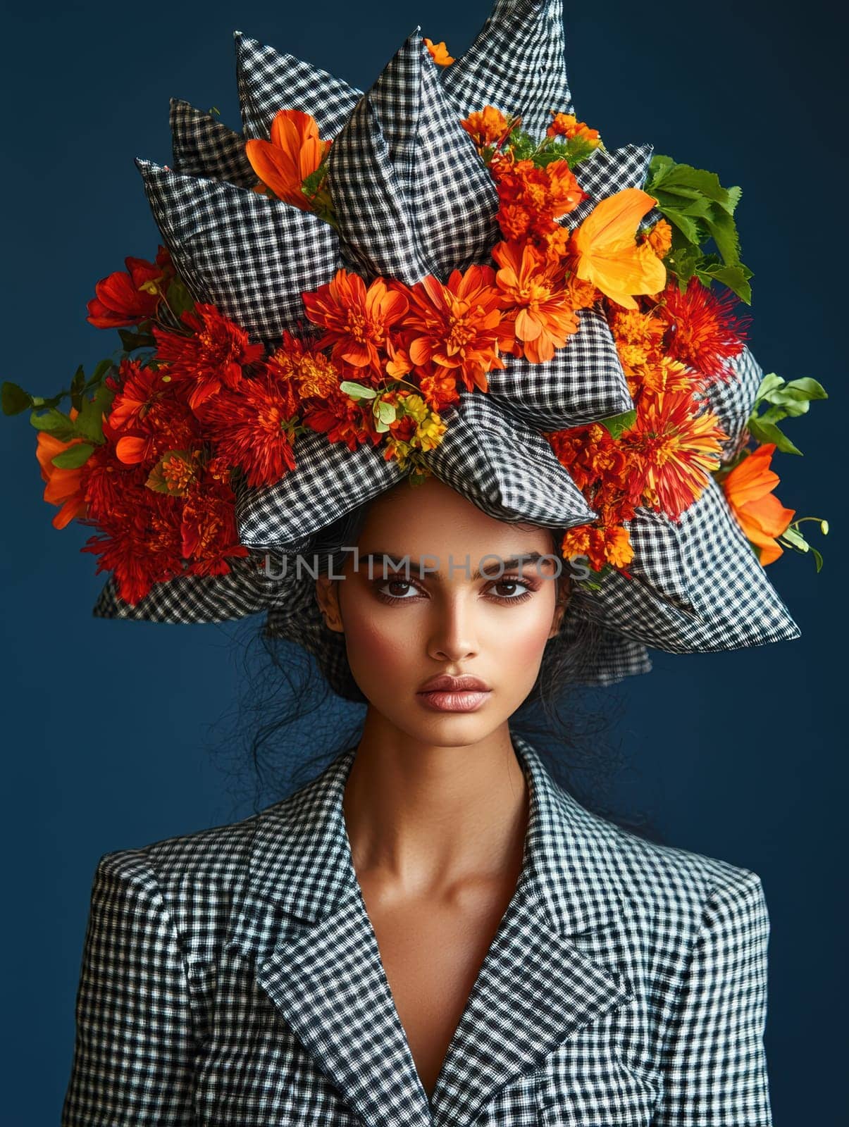 Portrait of a woman in avant-garde dress and integrated flowers, AI generative.