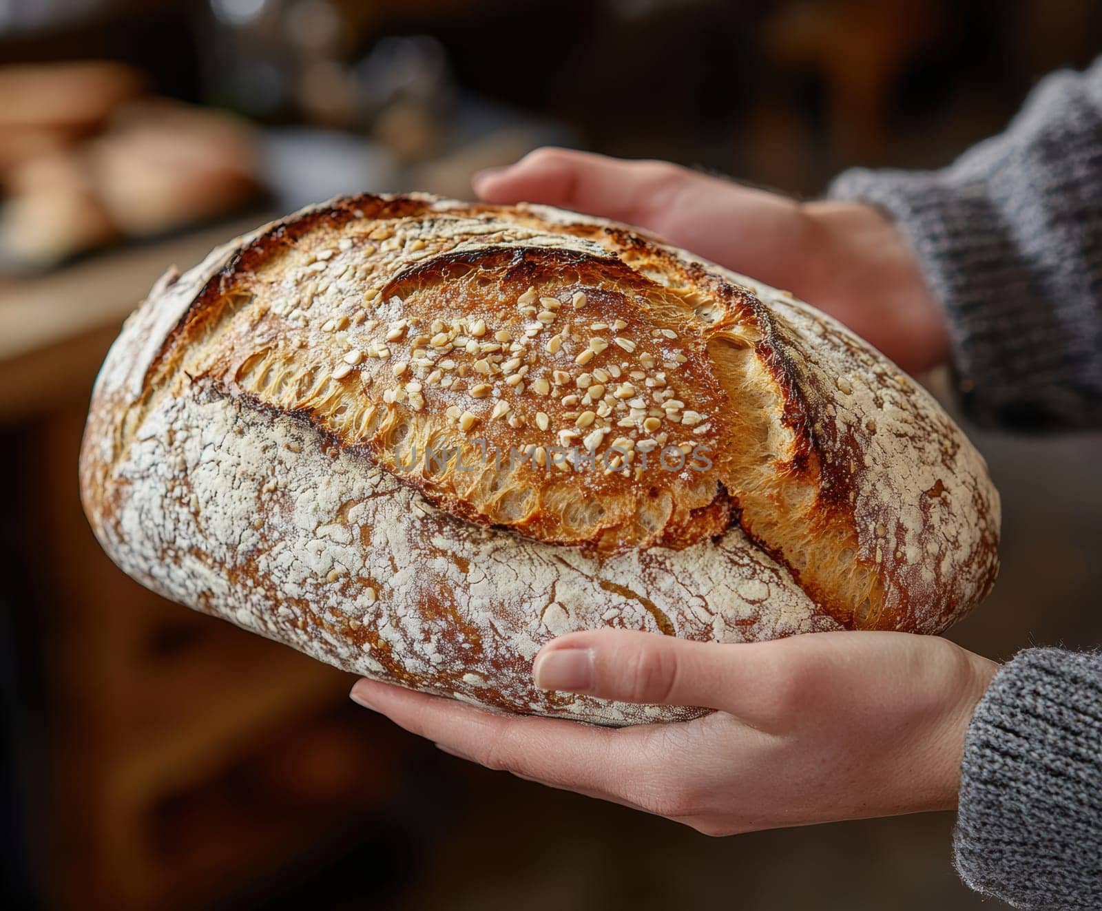passing a loaf of bread from one hand to another, symbolizing sharing and human ties. AI generative.