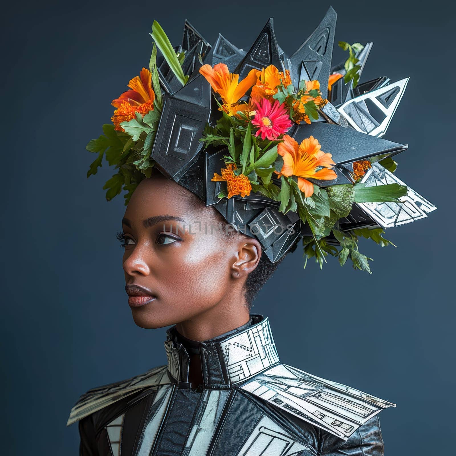 Portrait of a woman in avant-garde dress and integrated flowers, AI generative.