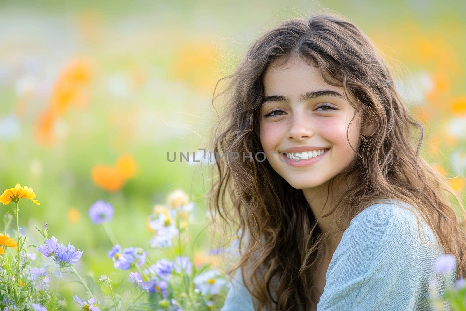 A positive, smiling girl sitting on a sunlit meadow . AI generative.