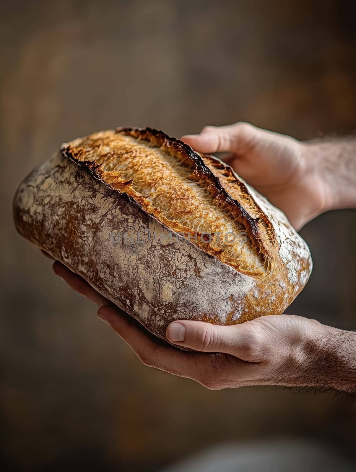 passing a loaf of bread from one hand to another, symbolizing sharing and human ties. AI generative.