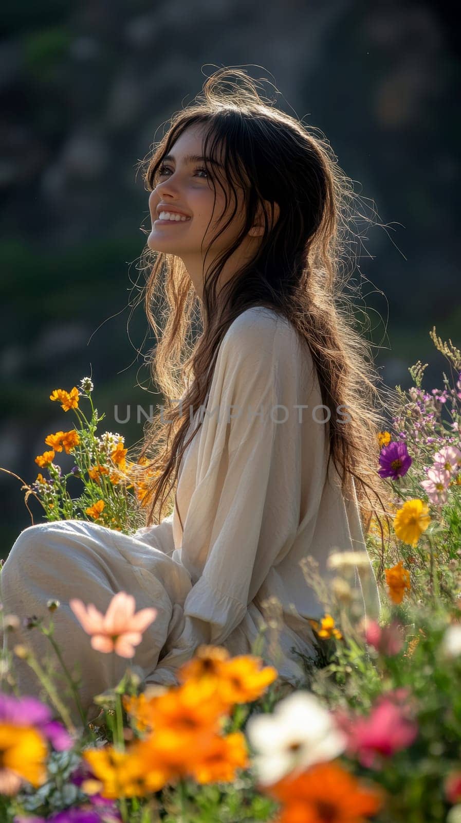 A positive, smiling girl sitting on a sunlit meadow . AI generative.