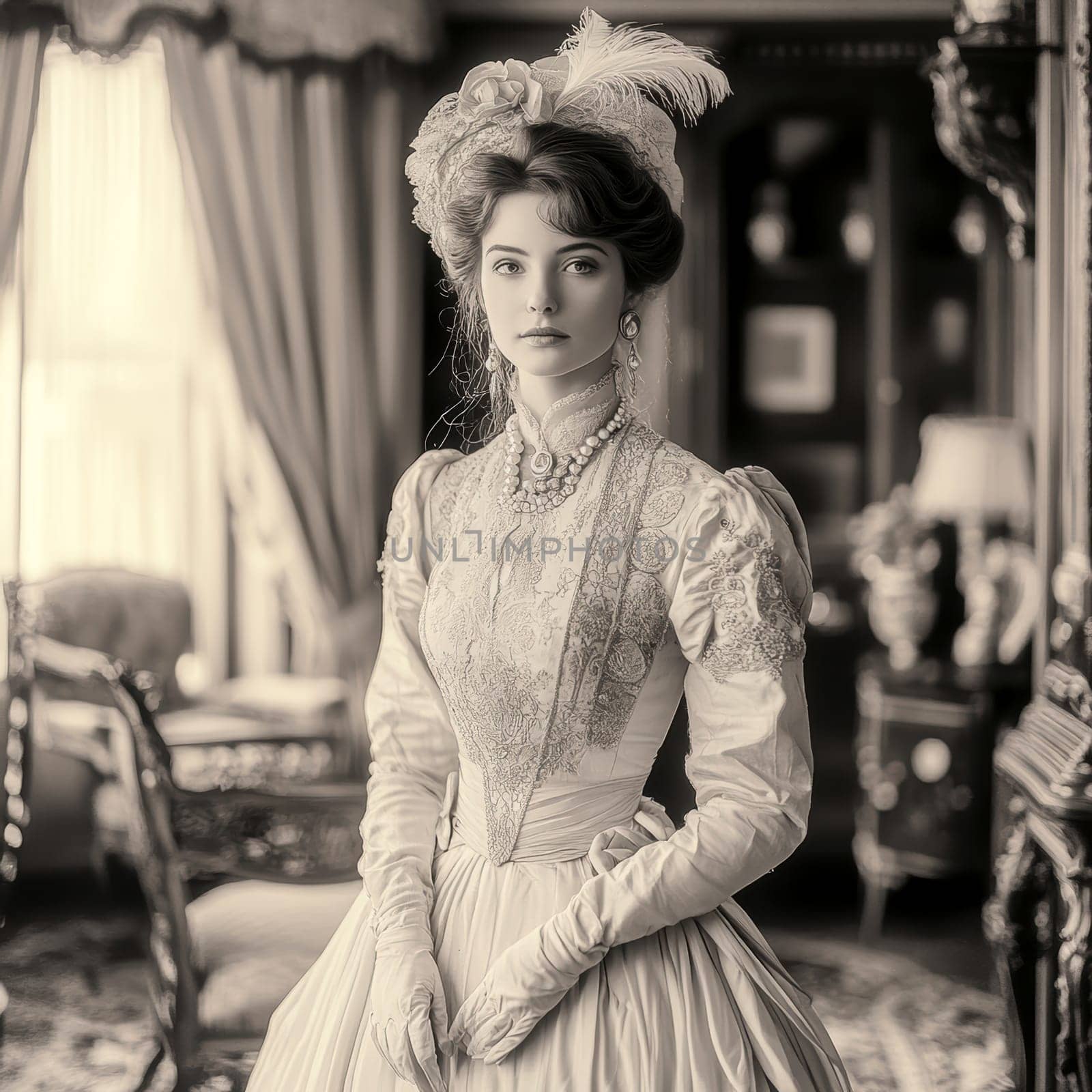 elegant woman from the Victorian era standing in a richly decorated parlor. AI generative.