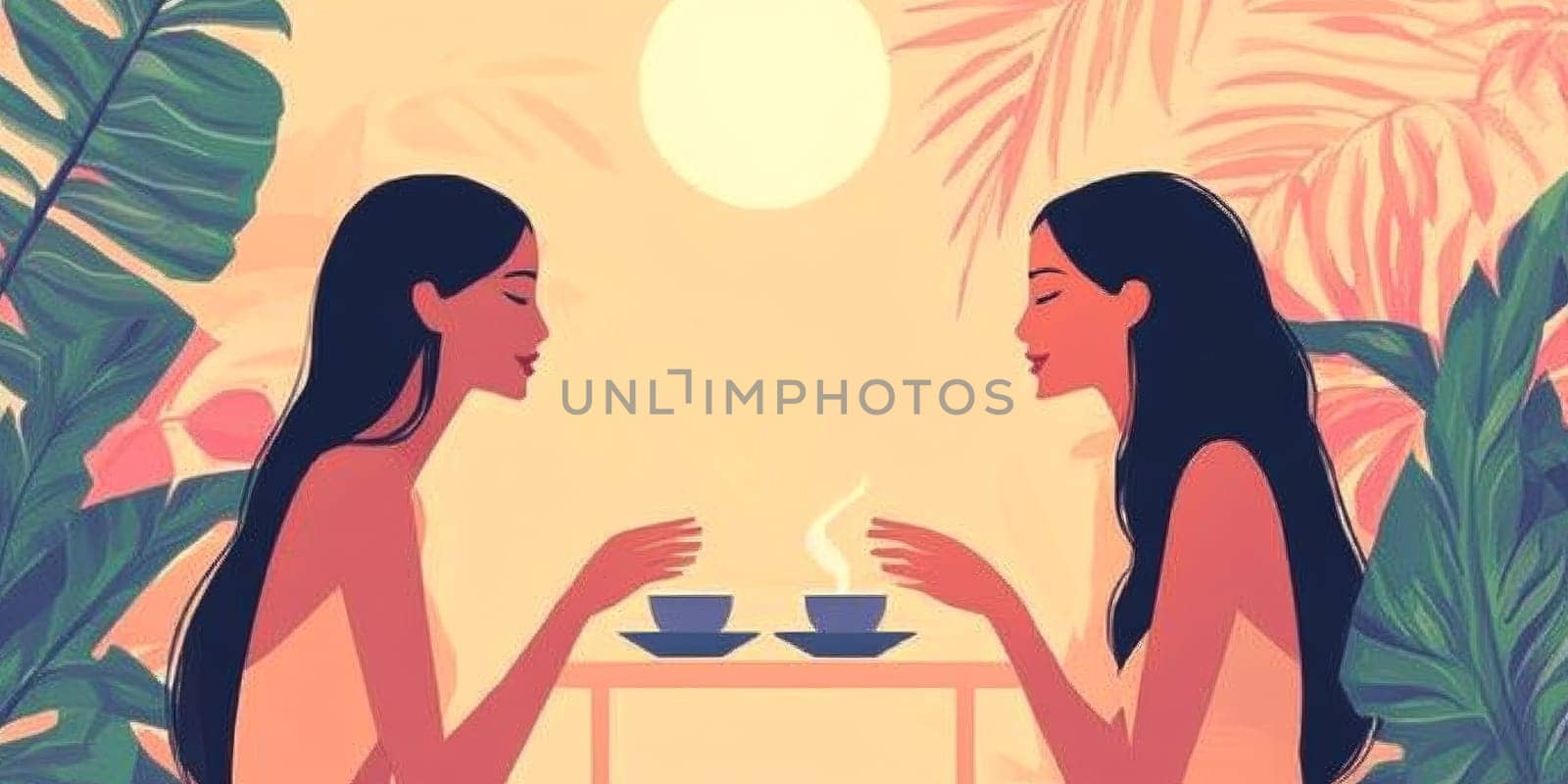modern tea garden talking women, simple illustration style. AI generative.