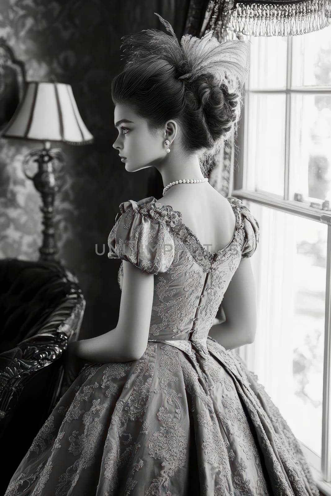 elegant woman from the Victorian era standing in a richly decorated parlor. AI generative.