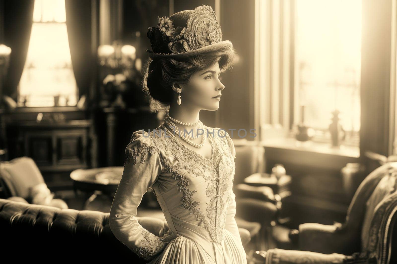 elegant woman from the Victorian era standing in a richly decorated parlor. AI generative.